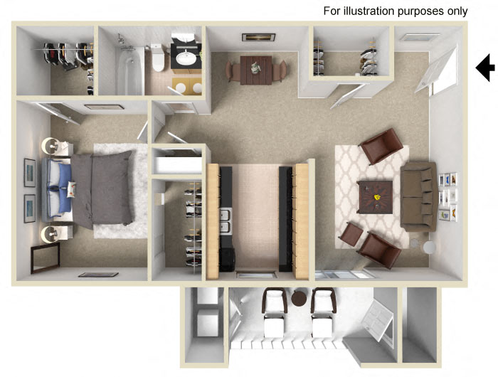 Floor plan for 1 bed, 1 bath, 790 sqft